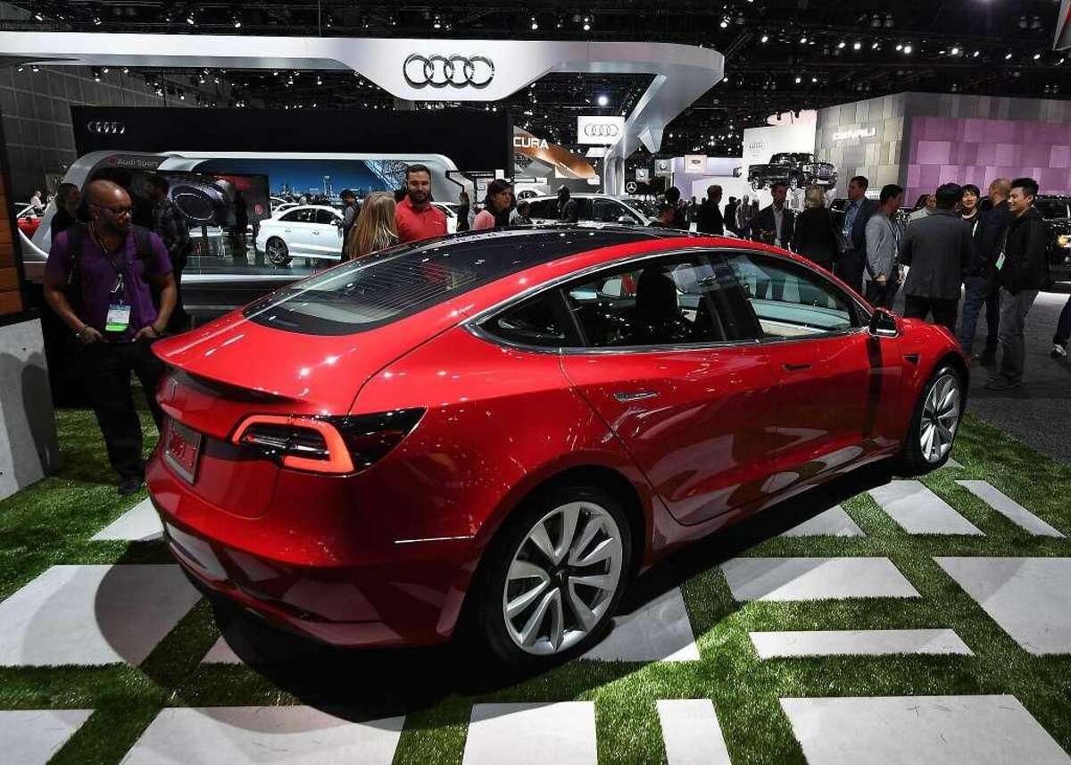 Exterior of the new Tesla Model 3, at the 2017 LA Auto Show in Los Angeles, California on November 29, 2017.
