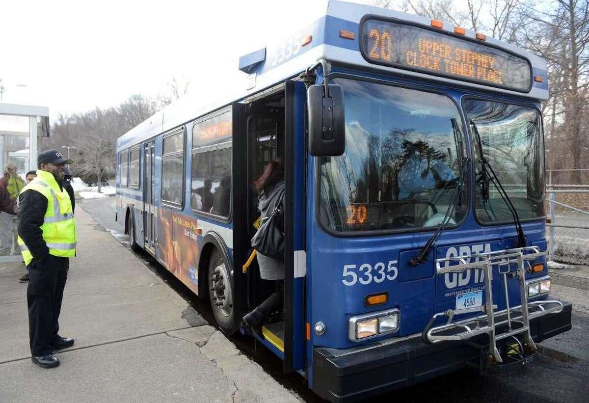 A Greater Bridgeport Transit District bus on its route.
