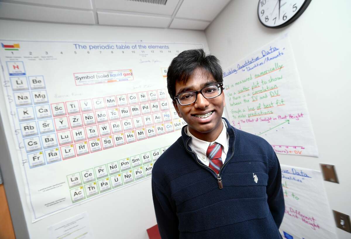 Engineering and Science University Magnet School junior Prastik Mohanraj in a chemistry classroom at the school in West Haven.