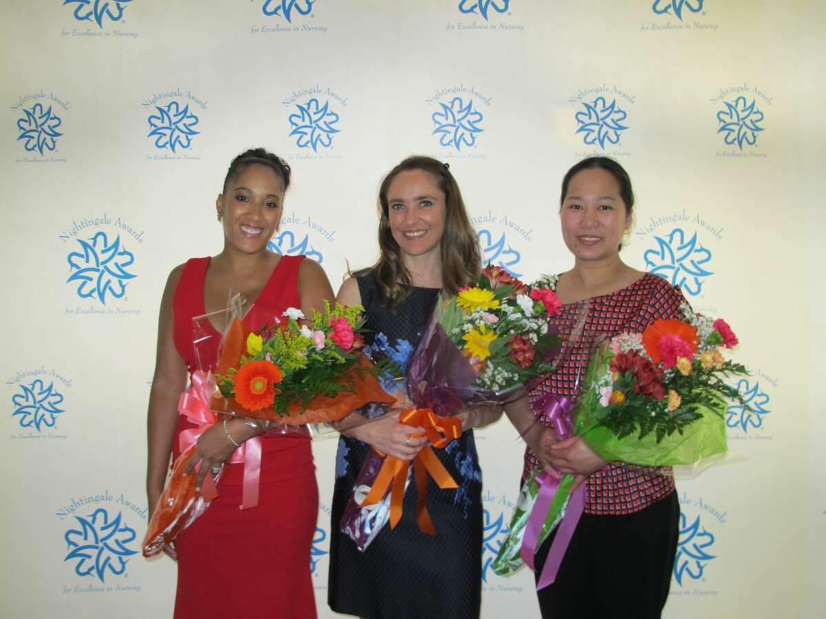 Three Milford Hospital nurses have been honored with a Nightingale Award. From left, Bobbi Allen, Beth Belenchia, and Maria Lacad.