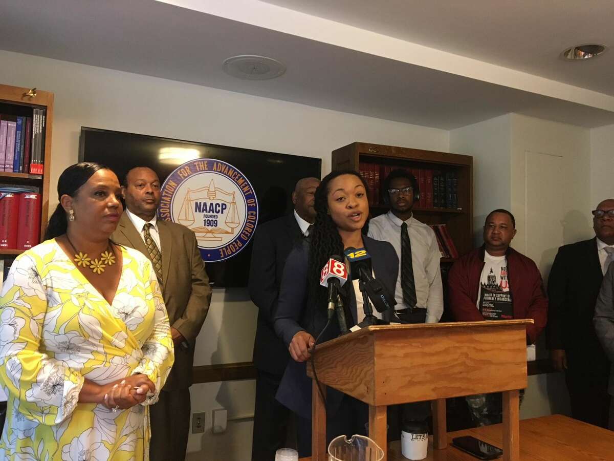 Yale Law School student Ashley Hall addresses press conference on suit challenging prison gerrymandering.