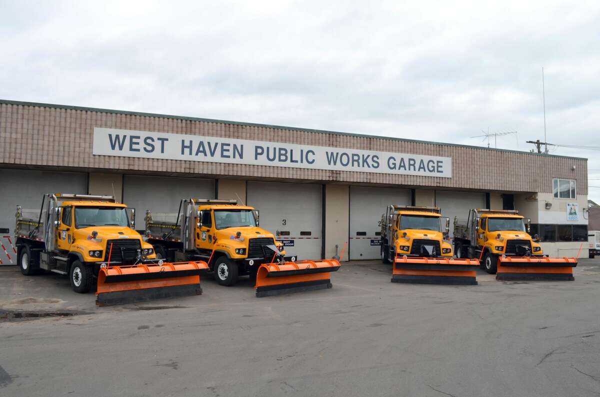City trucks parked outside the West Haven Public Works Garage on Collis Street in West Haven.