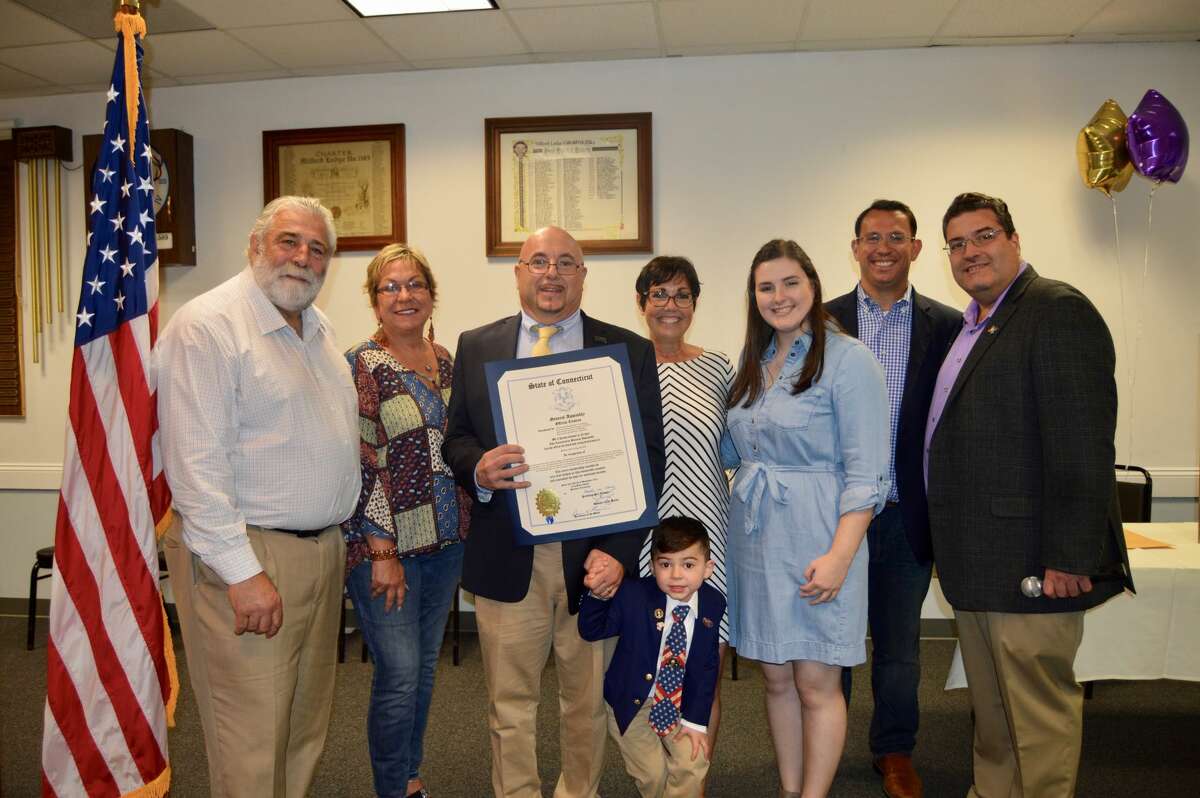 (L to R:) State Rep. Charles Ferraro, State Rep. Kim Rose, Elks Exalted Ruler Rob Muoio, State Rep. Pam Staneski, Scholarship Recipient Danielle Richetelli, Mayor Ben Blake, Elks PR Chairman Al Pinto