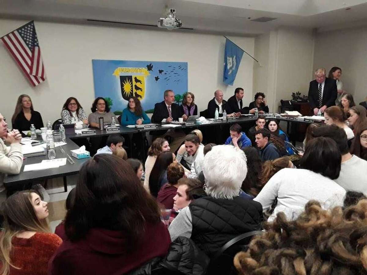 A school board meeting at Amity High School in Woodbridge on Nov. 12.