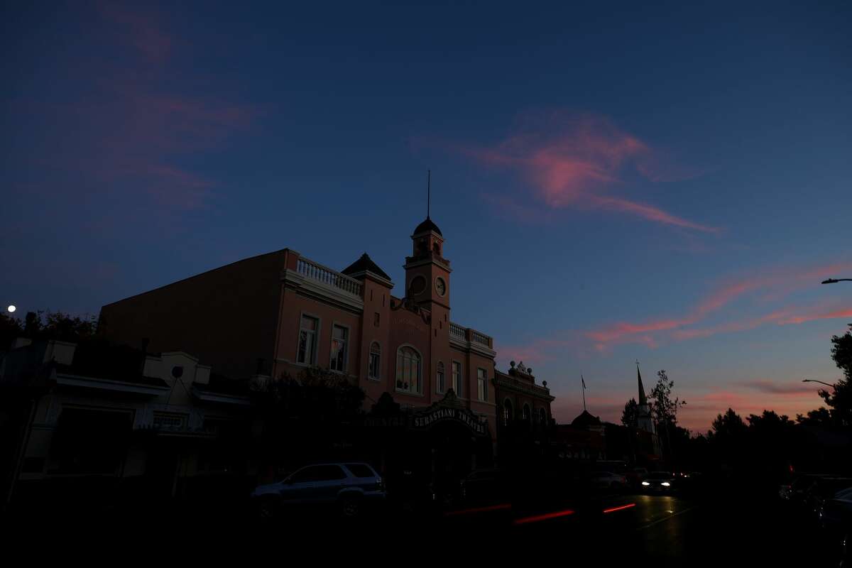 The Sebastiani Theatre and much of downtown remained dark on October 10, 2019 in Sonoma, California. Power outages were scheduled as preemptive moves by PG&E to address hot, dry and windy weather and the risk of wildfires, according to the company. (Photo by Ezra Shaw/Getty Images)