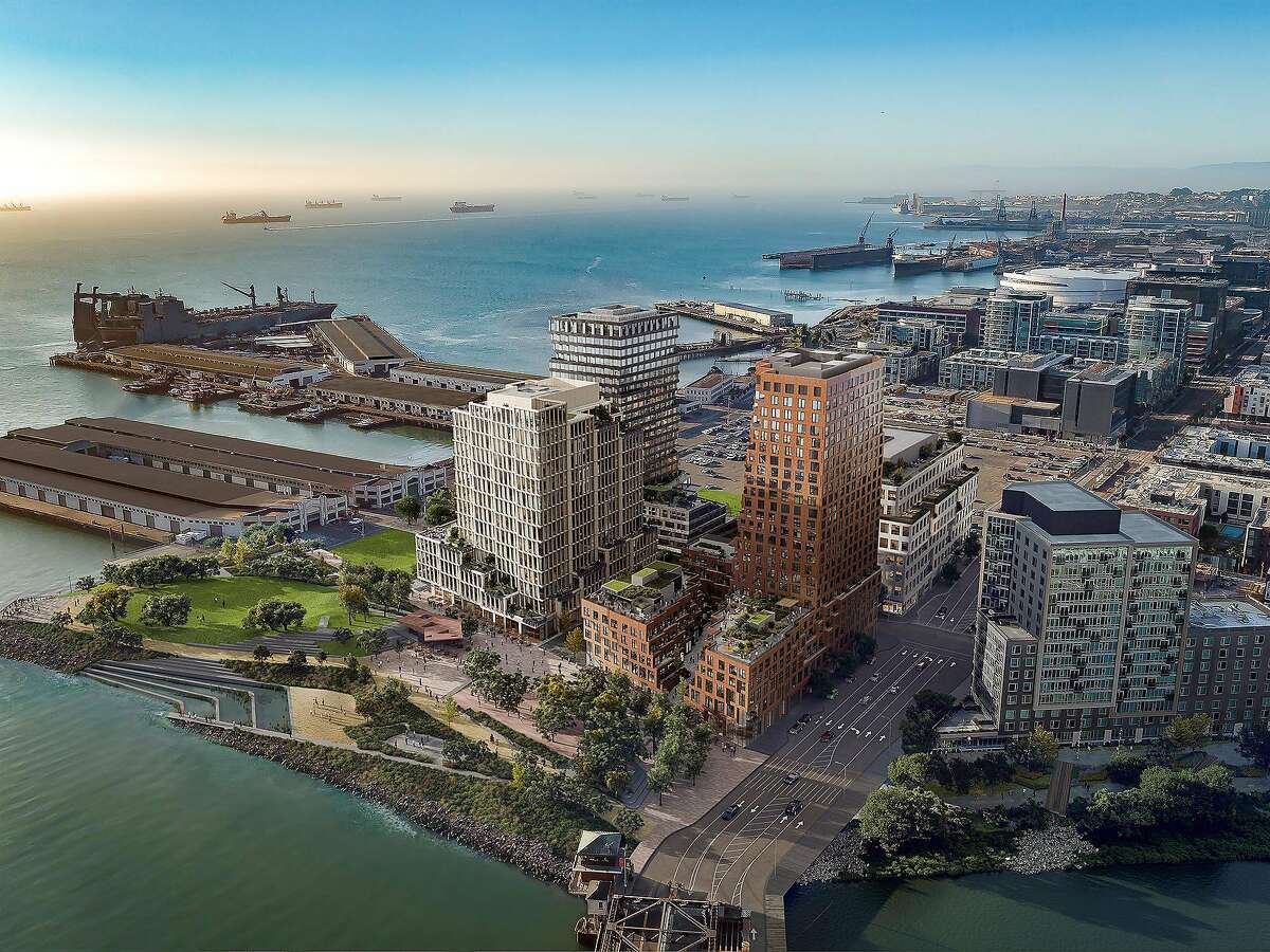 A rendering of waterfront park and quartet of office and residential buildings that will form the initial phase of the Mission Rock mega-project that will begin construction in 2020 and is being developed by Tishman Speyer and the San Francisco Giants baseball team. This view is looking south: to the west is the Mission Bay district and to the north is the Giants' ballpark.