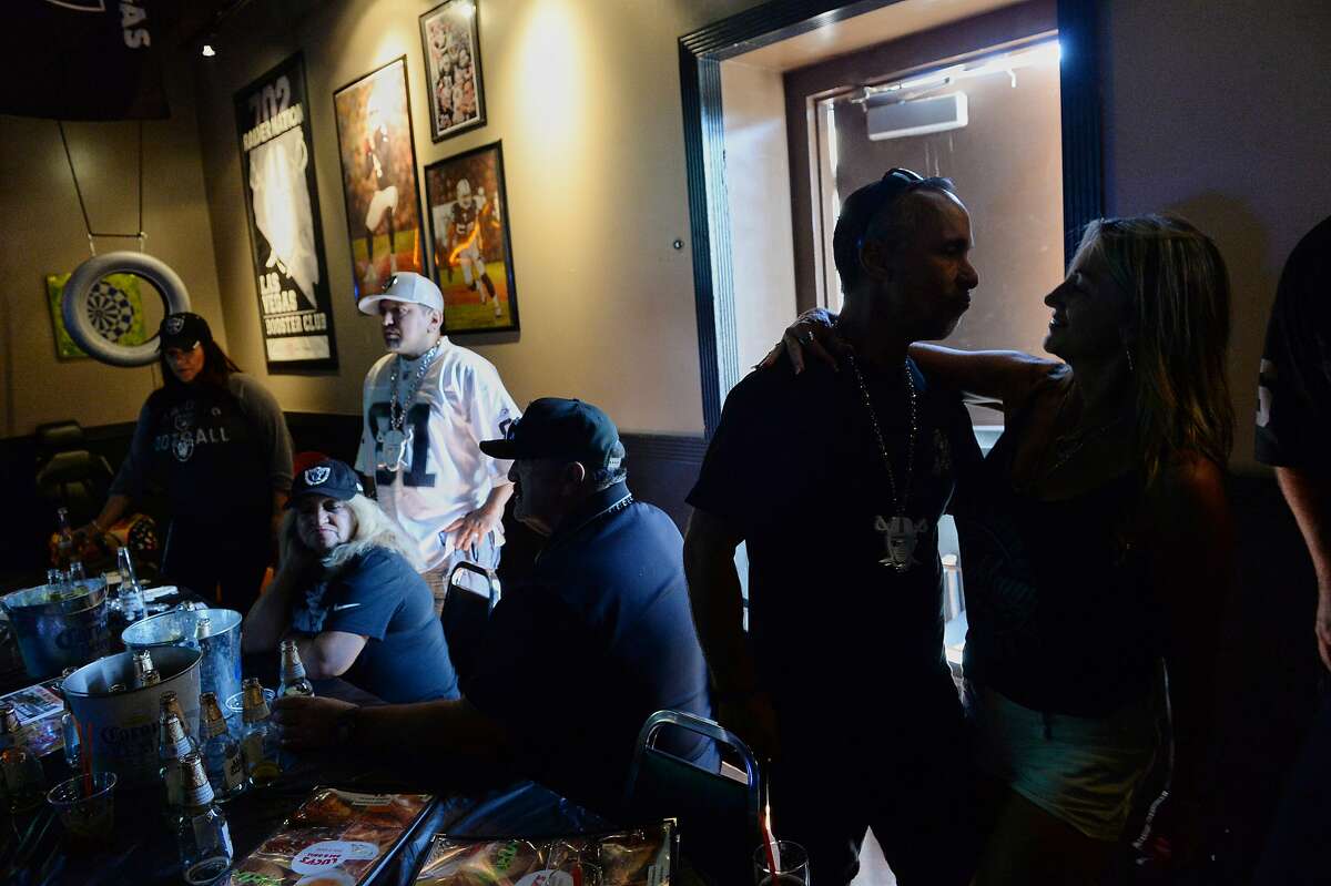 Las Vegas fans gather to watch the Oakland Raiders take on the Chicago Bears at Lucky�s Bar and Grill on Oct. 6, 2019 in Las Vegas, Nevada.