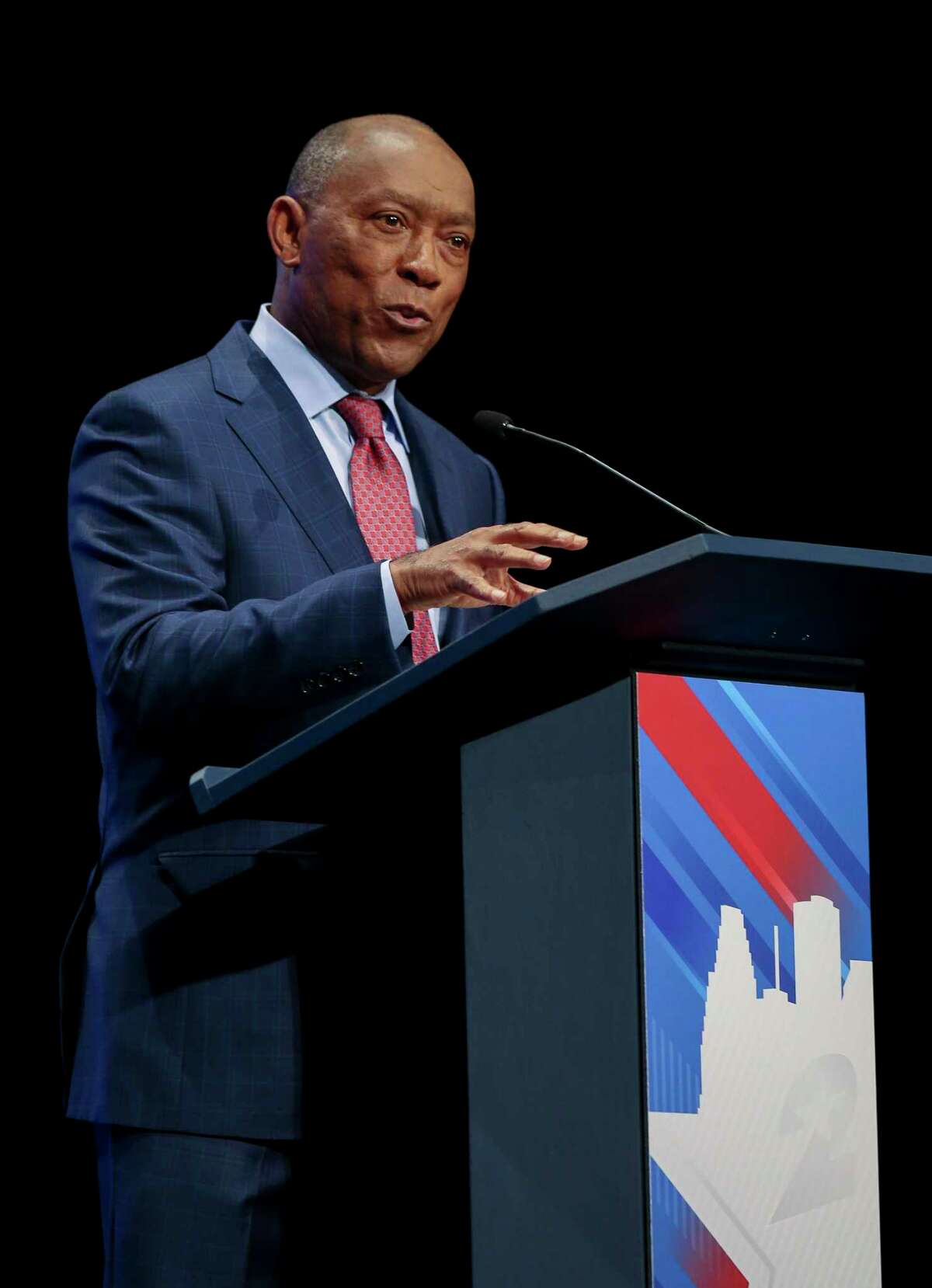 Mayor Sylvester Turner answers a question during the mayoral debate at the Morris Cultural Arts Center at Houston Baptist University Friday, Oct. 11, 2019, in Houston.
