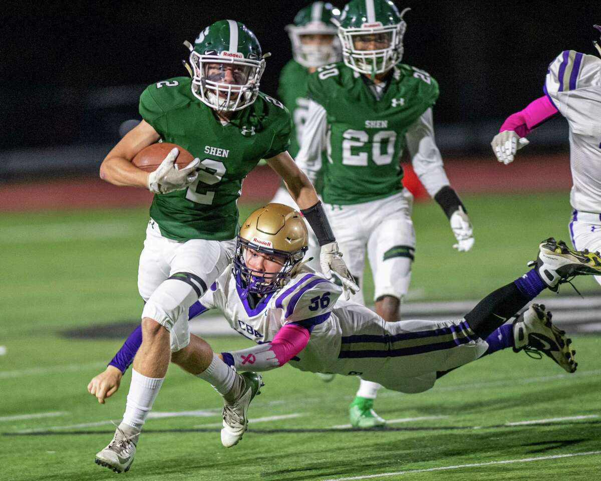 Shenendehowa receiver Kyle Acker picks up yardage during a game against CBA at Shenendehowa High School on Friday, Oct. 11, 2019 (Jim Franco/Special to the Times Union.)