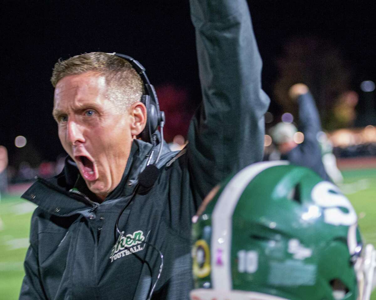 Shenendehowa assistant coach Jim Ward reacts to his team scoring a touchdown against CBA at Shenendehowa High School on Friday, Oct. 11, 2019 (Jim Franco/Special to the Times Union.)