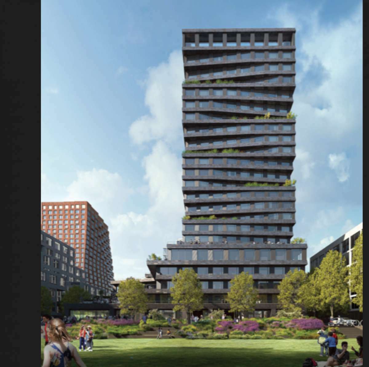 A rendering of the residential tower that Studio Gang has designed for the first phase of the Mission Rock project that is being developed by Tishman Speyer and the San Francisco Giants baseball team. In the foreground is a plaza that will be within the new 28-acre district.