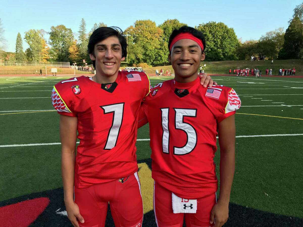 James Rinello, left and AJ Barber, helped lead the Greenwich football team’s offense in its 50-6 win vs. Westhill on Saturday, October, 19, 2019.