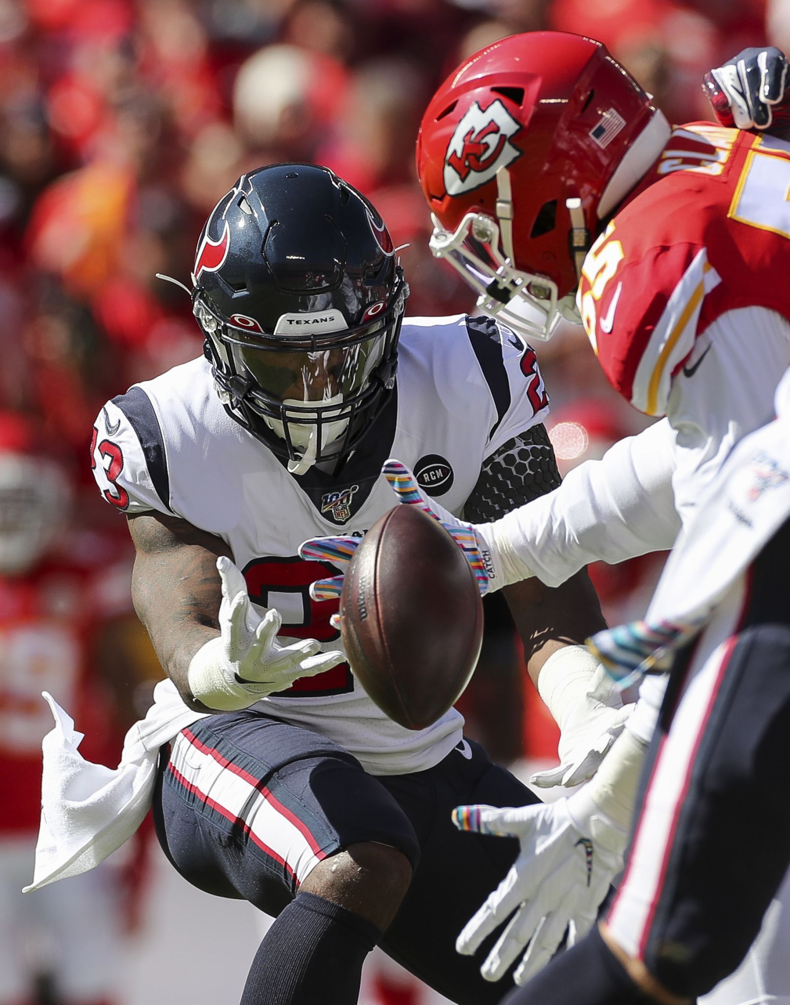 HOUSTON, TX - OCTOBER 10: The Texans punt return team awaits the snap  during the football game between the New England Patriots and Houston Texans  at NRG Stadium on October 10, 2021