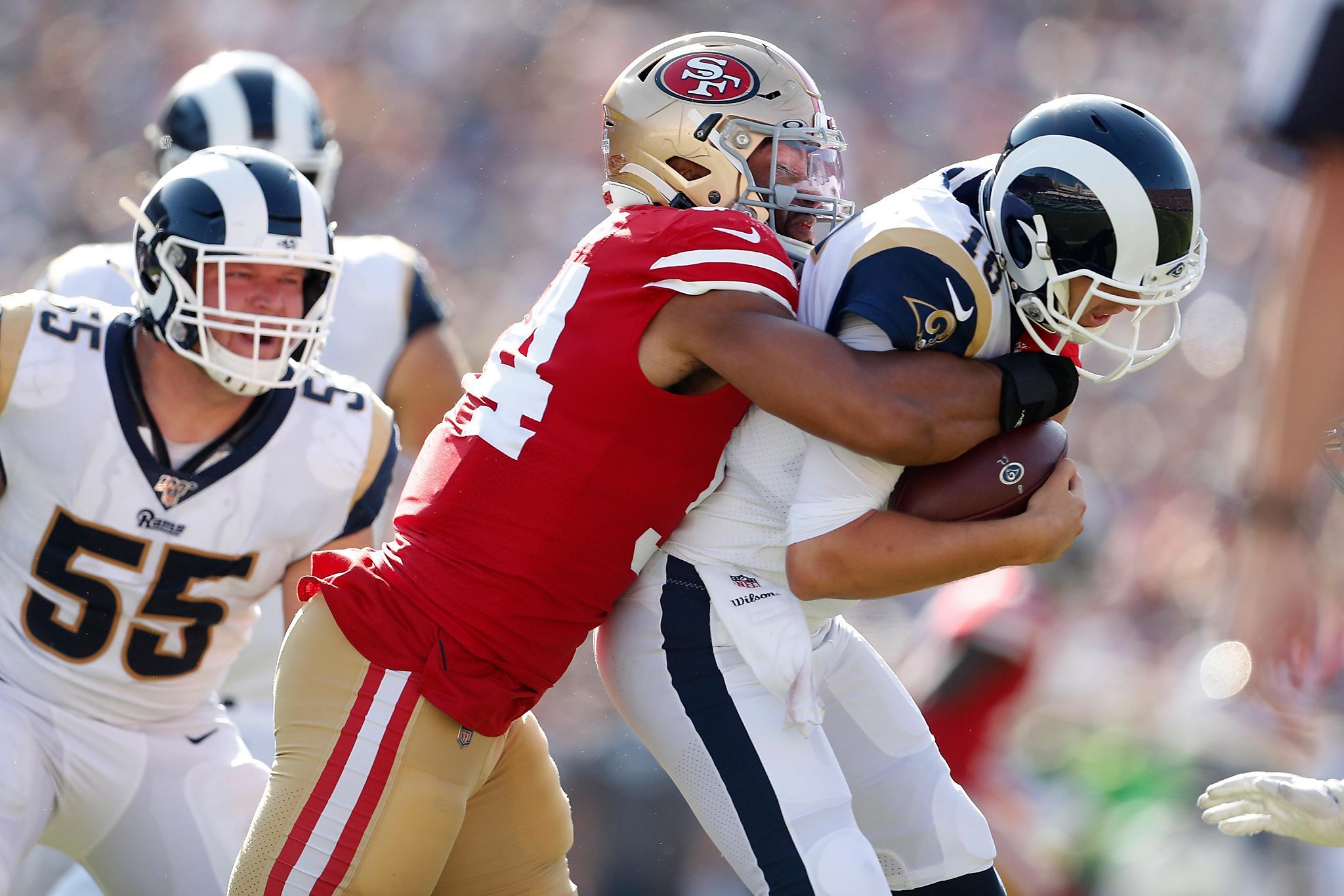 August 25, 2018: San Francisco 49ers defensive lineman Solomon Thomas (94)  during NFL football preseason game action between the San Francisco 49ers  and the Indianapolis Colts at Lucas Oil Stadium in Indianapolis