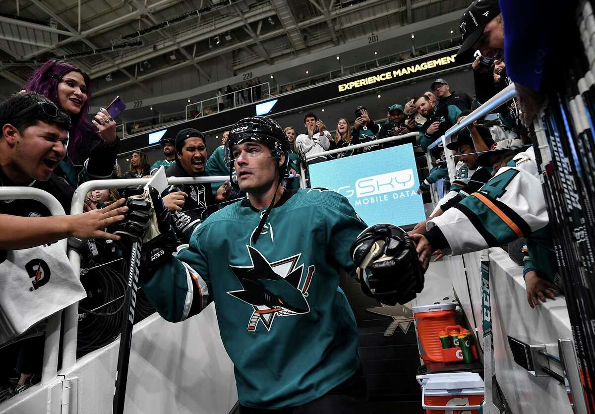 Patrick Marleau takes the ice for before the Sharks’ game against the Flames at SAP Center. The crowd gave a standing ovation to the franchise’s career leader in game and goals.