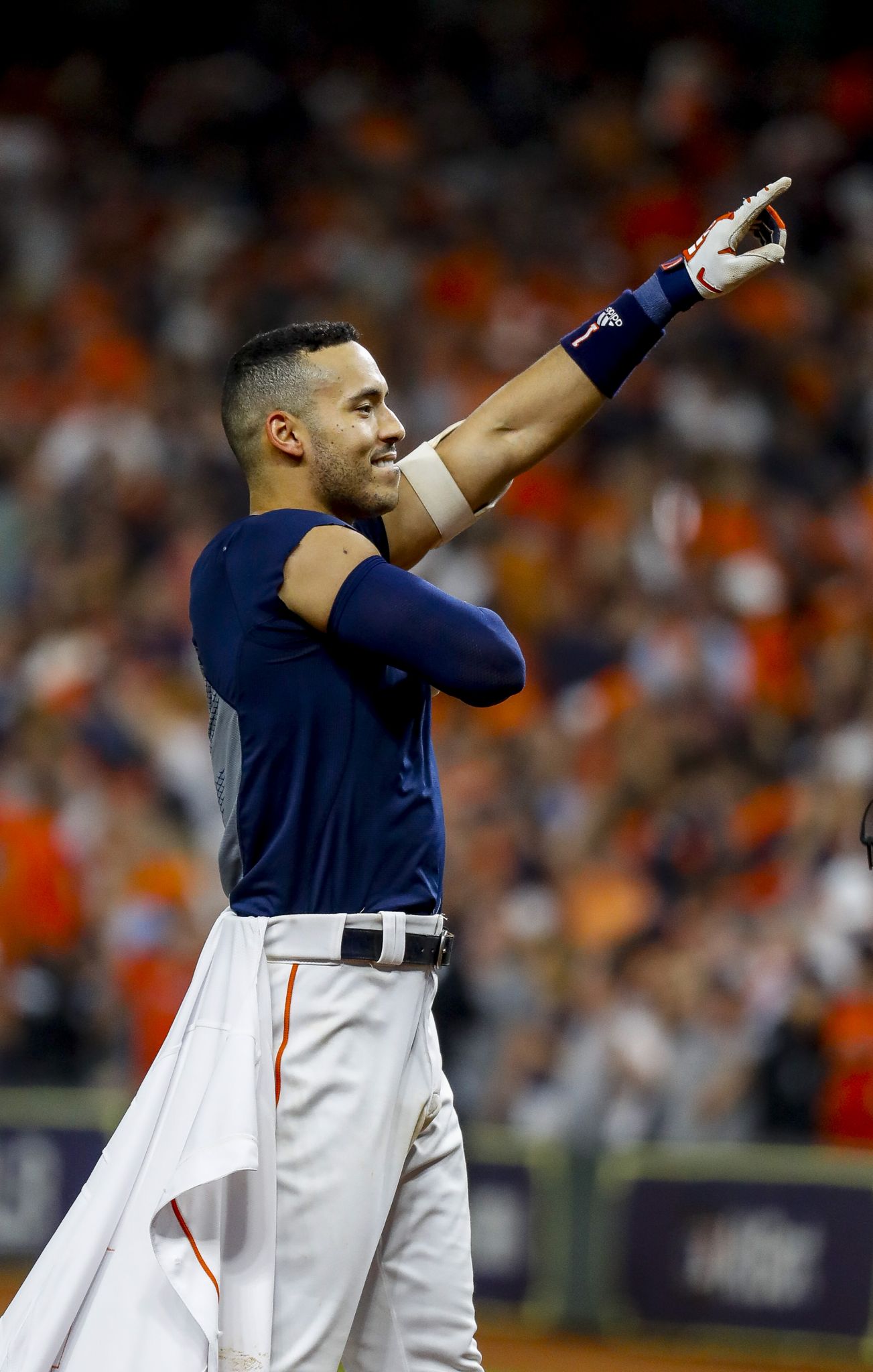 Getty Images Sport on X: Carlos Correa of the Houston #Astros points to  his wrist after he hit a home run in the seventh inning against the Boston  Red Sox to take