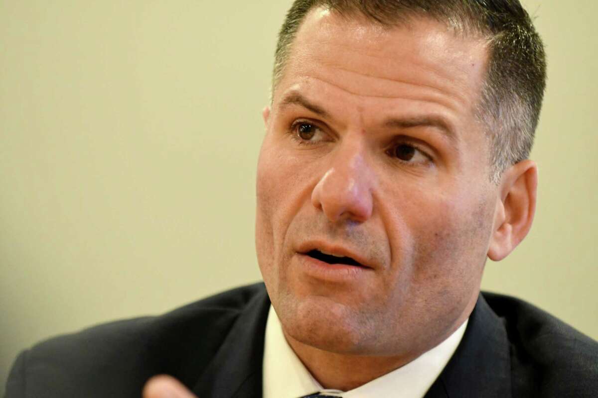 Marc Molinaro speaks to the Times Union editorial board on Wednesday, Oct. 31, 2018, in Colonie, N.Y. (Will Waldron/Times Union)