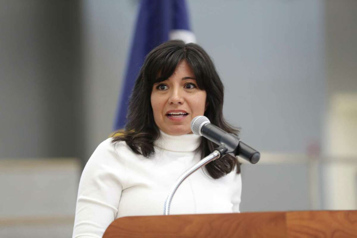 In this January file photo, Houston ISD Board President Diana Dávila attends a HISD Police Department formal swearing-in ceremony at the High School for Law and Justice Wednesday, Jan. 23, 2019, in Houston. Dávila faces challenger Judith Cruz in the Nov. 5 election.
