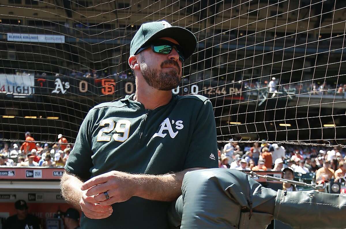 FILE - Bench Coach Ryan Christenson #29 of the Oakland Athletics stands in the dugout prior to the game against the San Francisco Giants at Oracle Park on August 14, 2019 in San Francisco, California.