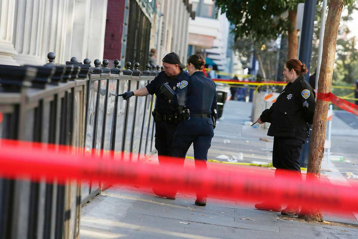 The San Francisco Police Department works on Jones Street as they investigate at the scene where a man was killed in a shooting that occurred shortly before 3 p.m. on Monday October 14, 2019 in San Francisco, Calif.