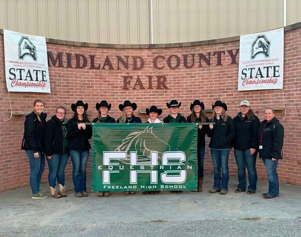 Pictured is the Freeland equestrian team: (from left) assistant coach Bree Dittenber, groom Sydney Newbold, Kenedee Beyer, Adeline Rapin, Riley Newbold, Callee Schmeichel, Ashlyn Meyers, Alex Proctor, Kailey Brenske, assistant coach Rebekah Barthel and head coach Megon Smith. (Photo provided)