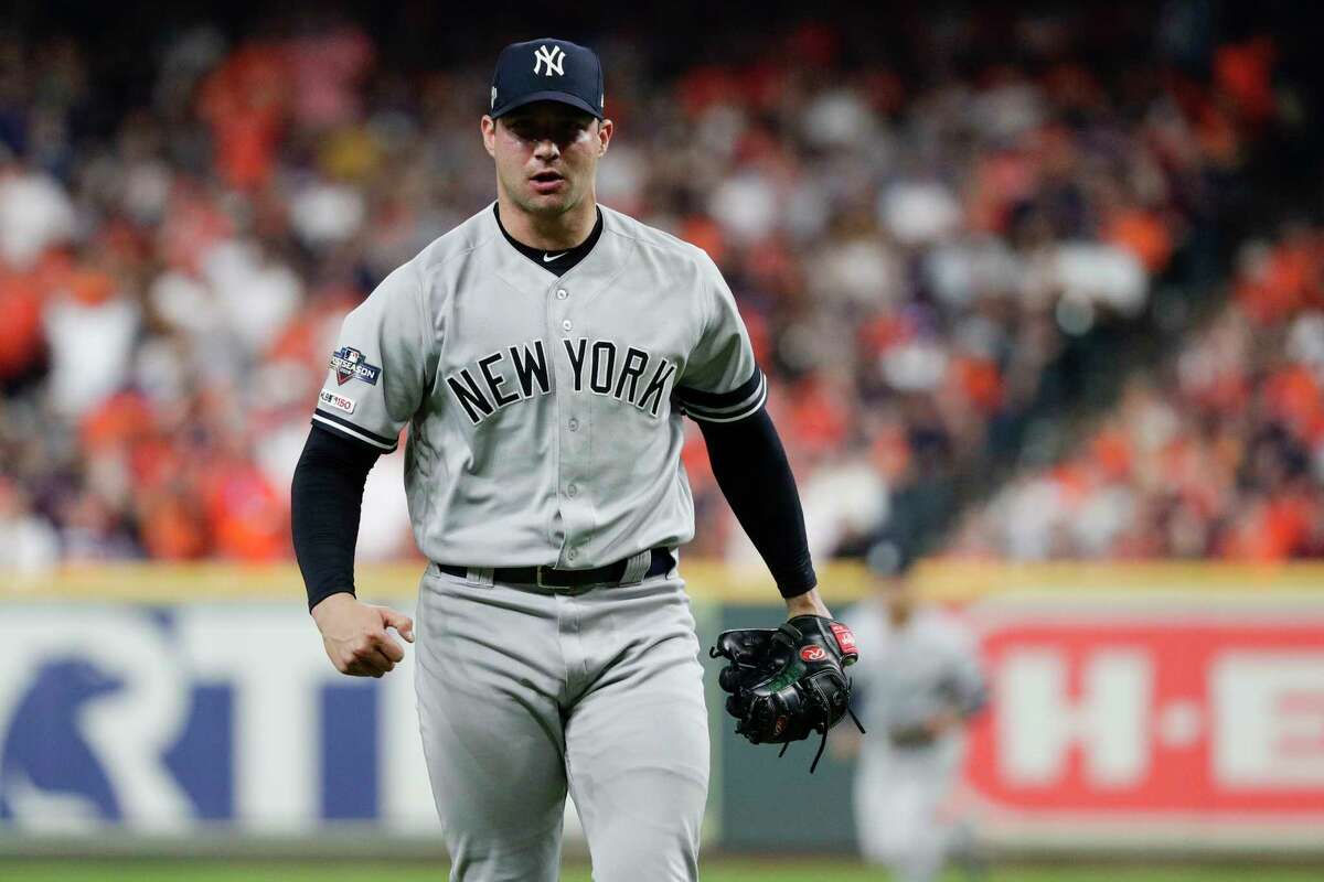 Tommy Kahnle points to his time pitching for the New York Yankees in the ALCS as one of the highlights of his career so far. He'd like to add a World Series title and feels like signing with the Los Angeles Dodgers gives him that chance. (AP Photo/Eric Gay)