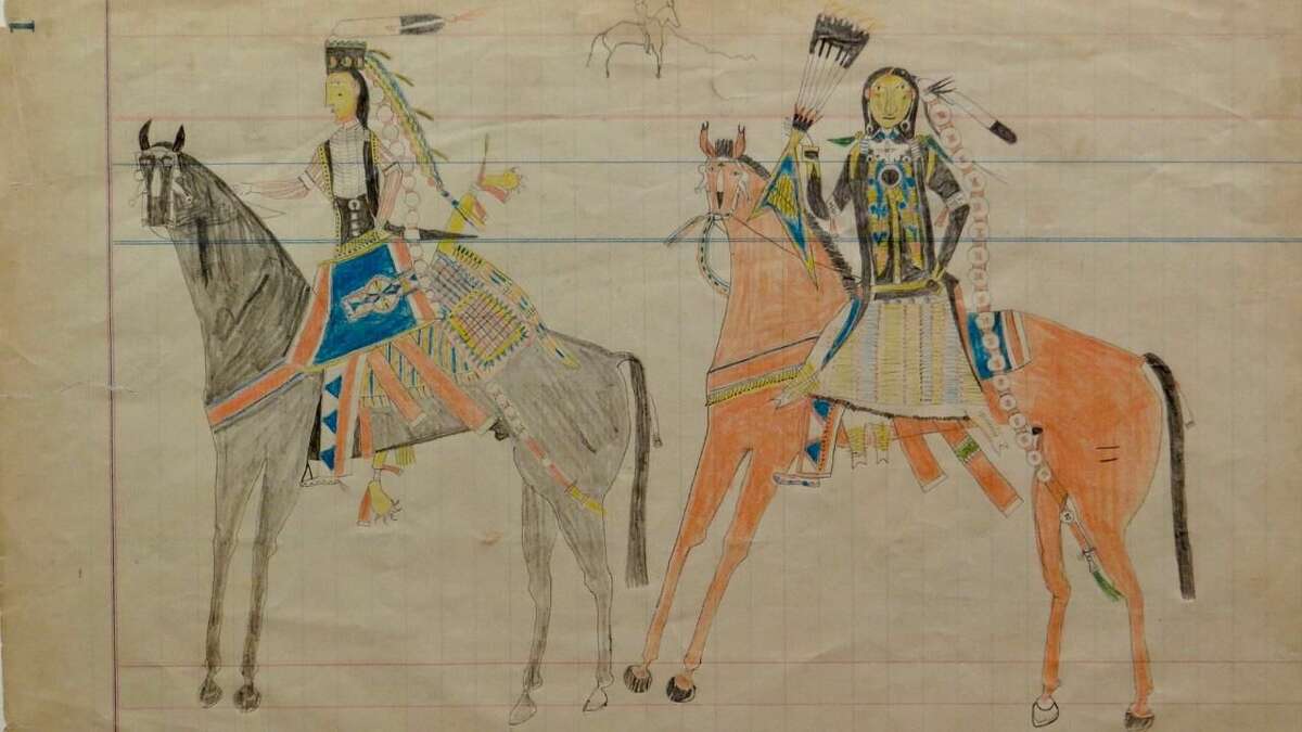 One of 50 sketches from the Ledger Drawings of the Plains Indians exhibit at Fairfield University Art Museum.