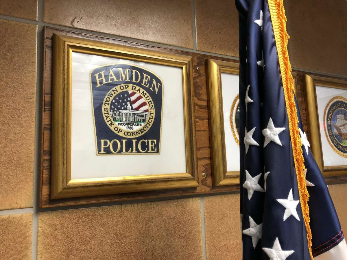 A logo for the Hamden Police Department, as seen in the government center.