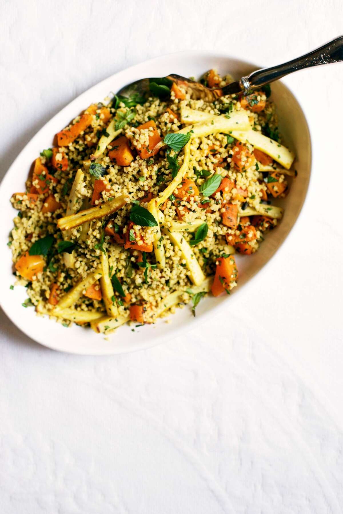 Millet couscous with roasted parsnips, pumpkin, and mint.