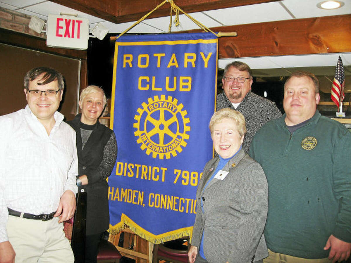 Contributed photo From left, Paul Begemann, President-Elect Hamden Rotary Club; Julie Smith, Town of Hamden Chief of Staff; Lynn Campo, President Hamden Rotary Club; Matt Fitch, Hamden Town Center Park Commission; Craig Cesare, Town of Hamden Director of Public Works.