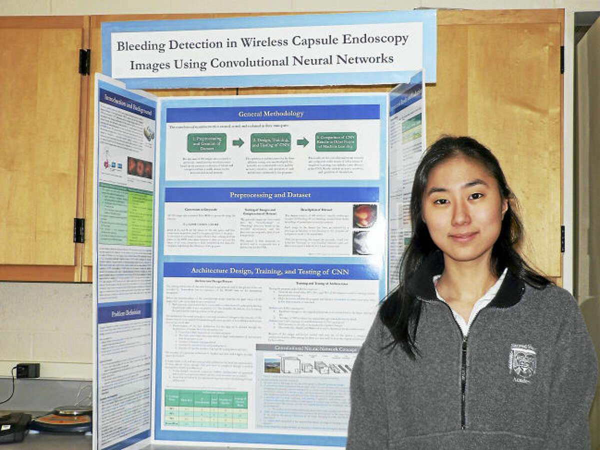 Contributed photo.  Eunji Lee '18 placed second overall in the PepsiCo Physical Science category at the 69th Connecticut Science & Engineering Fair (CSEF) at Quinnipiac University. Eunji will represent Sacred Heart at the International Science and Engineering Fair (ISEF) in Los Angeles in May.