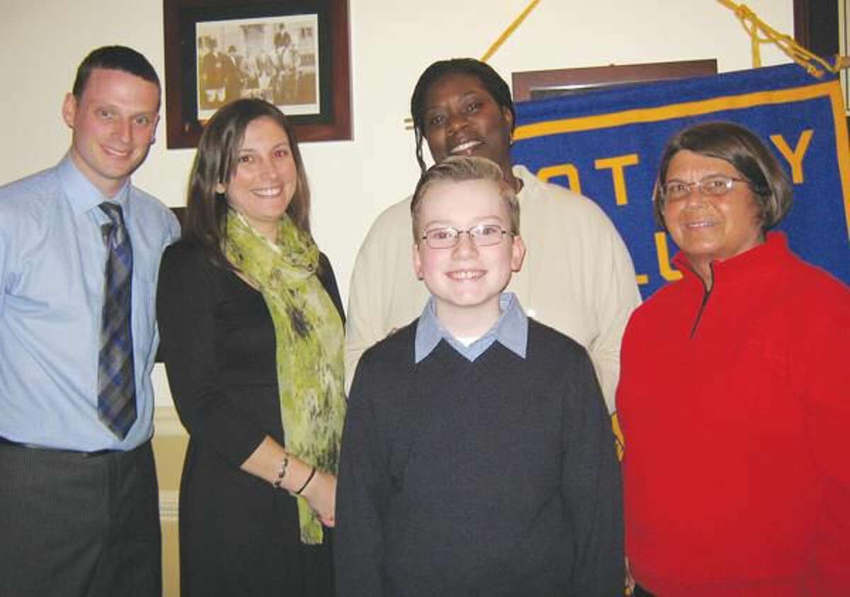 Submitted Photo Hamden Rotary Student of the Month Stephen Esposito is shown with his physical education teacher, Michael Cebula; his music teacher, Dr. Gamble; his classroom teacher, Carrie Rowley; and principal, Karen Butler.