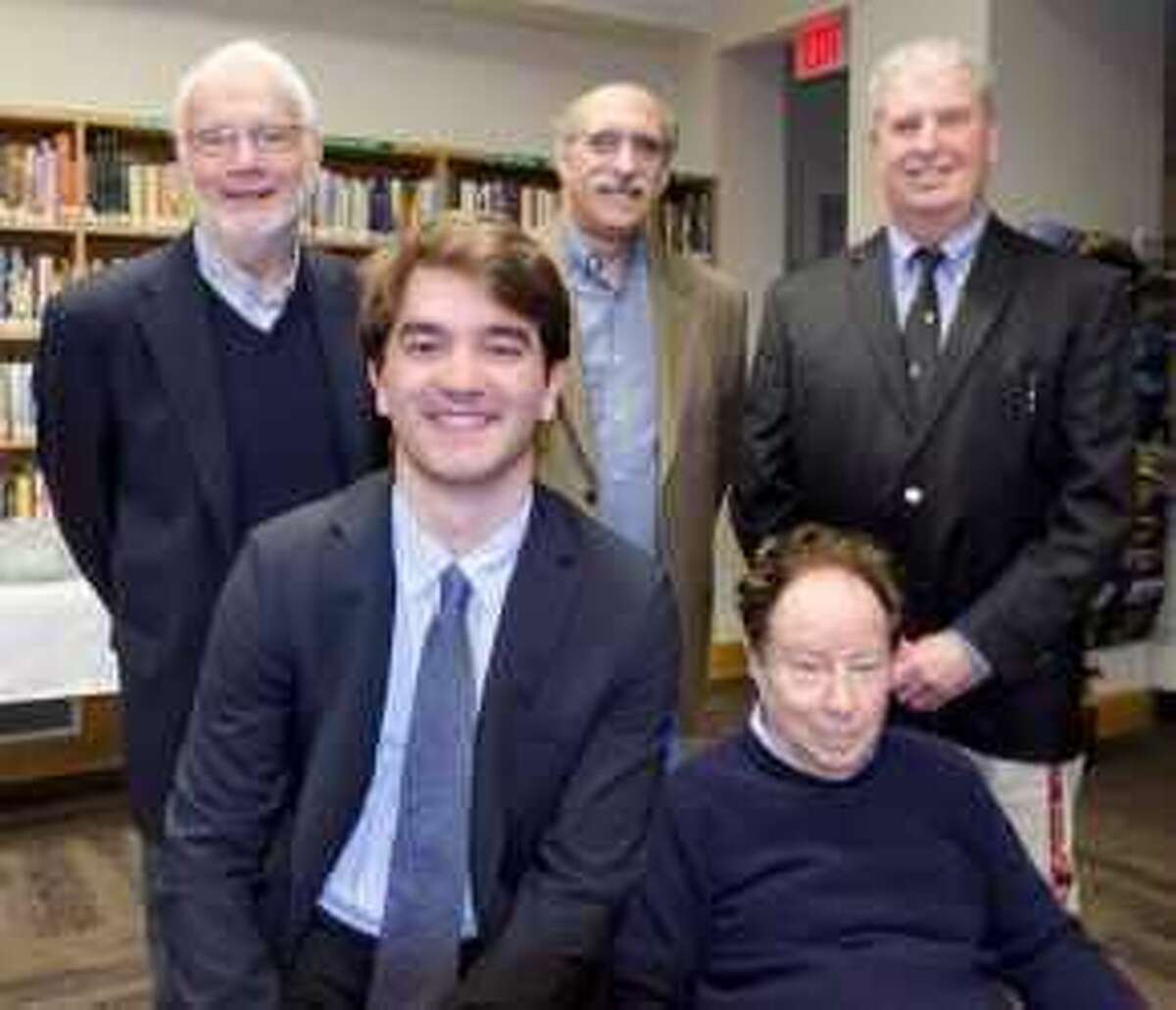 Hamden Hall Country Day School hosted three Nobel laureates for a panel discussion titled American Science in the 21st Century. Pictured, seated from left, is Hamden Hall alumnus Alexandru Buhimschi and Dr. Sidney Altman; standing, from left, are Dr. Thomas A. Steitz, Dr. Martin Chalfie and Hamden Hall science teacher Dr. Frank Gasparro.