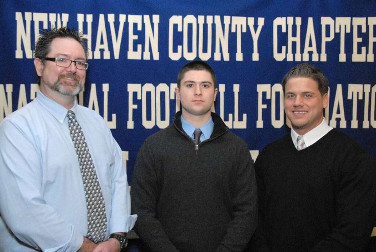 Photo by Bill O'Brien Sheehan's Brodie Corless, shown with father Patrick (left) and coach John Ferrazzi, will be among the 29 high school and prep school scholar athletes that will be honored at the 52nd Gene Casey New Haven County Chapter of the National Football Foundation and College Hall of Fame Scholar Athlete dinner.