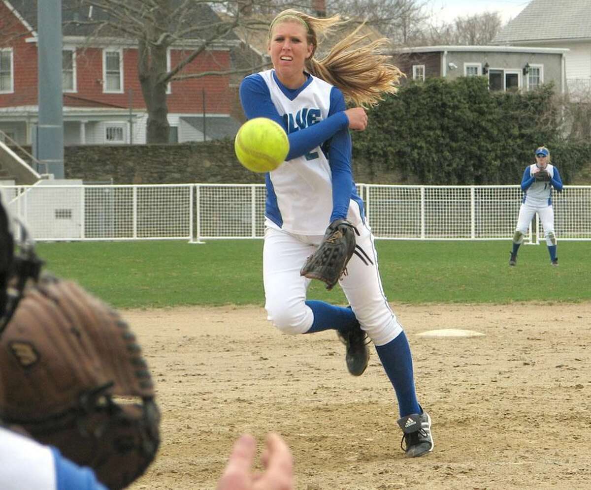 Submitted photo North Haven's Jennifer Cruver fires a pitch for the Salve Regina University softball team.