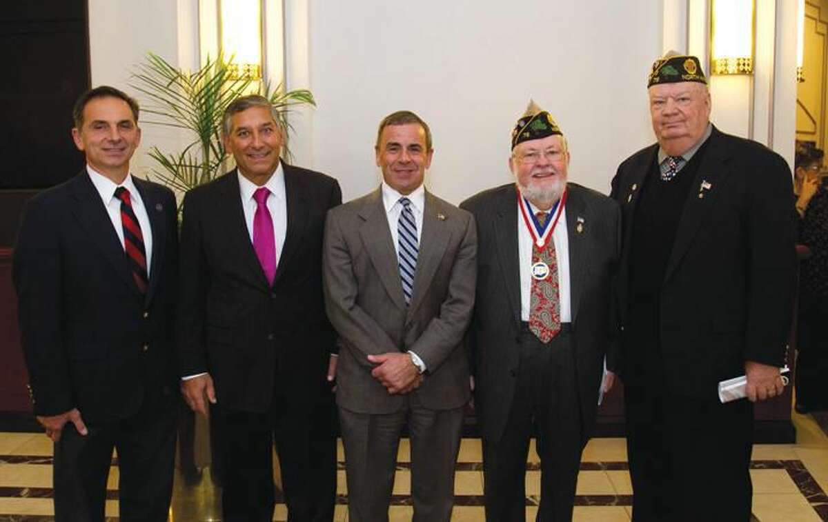 Submitted Photo Left to right, Rep. David Yaccarino; Sen. Len Fasano; Mayor Mike Freda; Charles Morrissey, Veterans Hall of Fame inductee; and Daniel Riccio Jr., Cmdr. American Legion Post 76.
