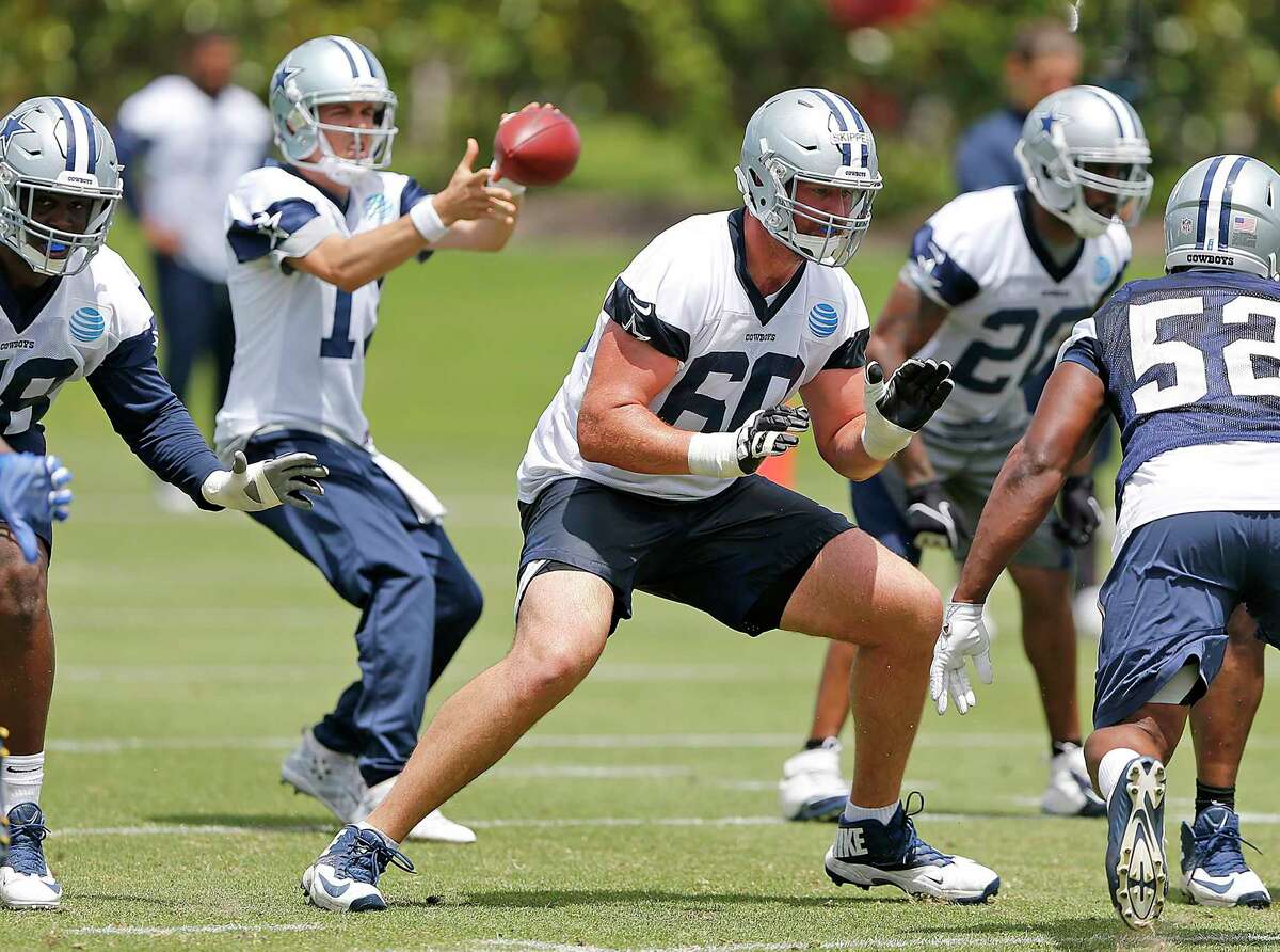 Dallas Cowboys offensive guard Dan Skipper (60) blocks during a minicamp practice at its NFL football training facility in Frisco, Texas, Tuesday, June 13, 2017.