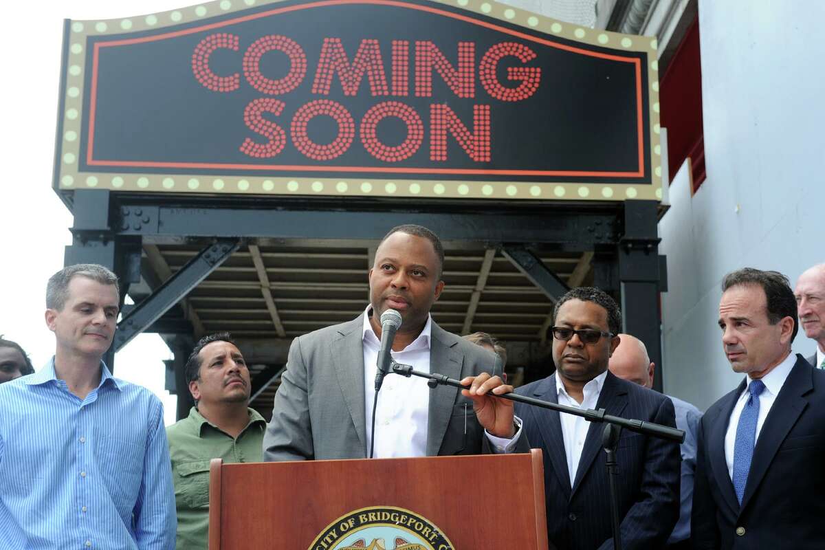 Developer Craig Livingston of Exact Capital Group speaks in front of the Majestic Theater in Bridgeport, Conn. June 19, 2017. The City of Bridgeport announced that Exact Capital Group has been selected as the developer for a massive redevelopment project centered around the old Poli Theaters on Main Street.