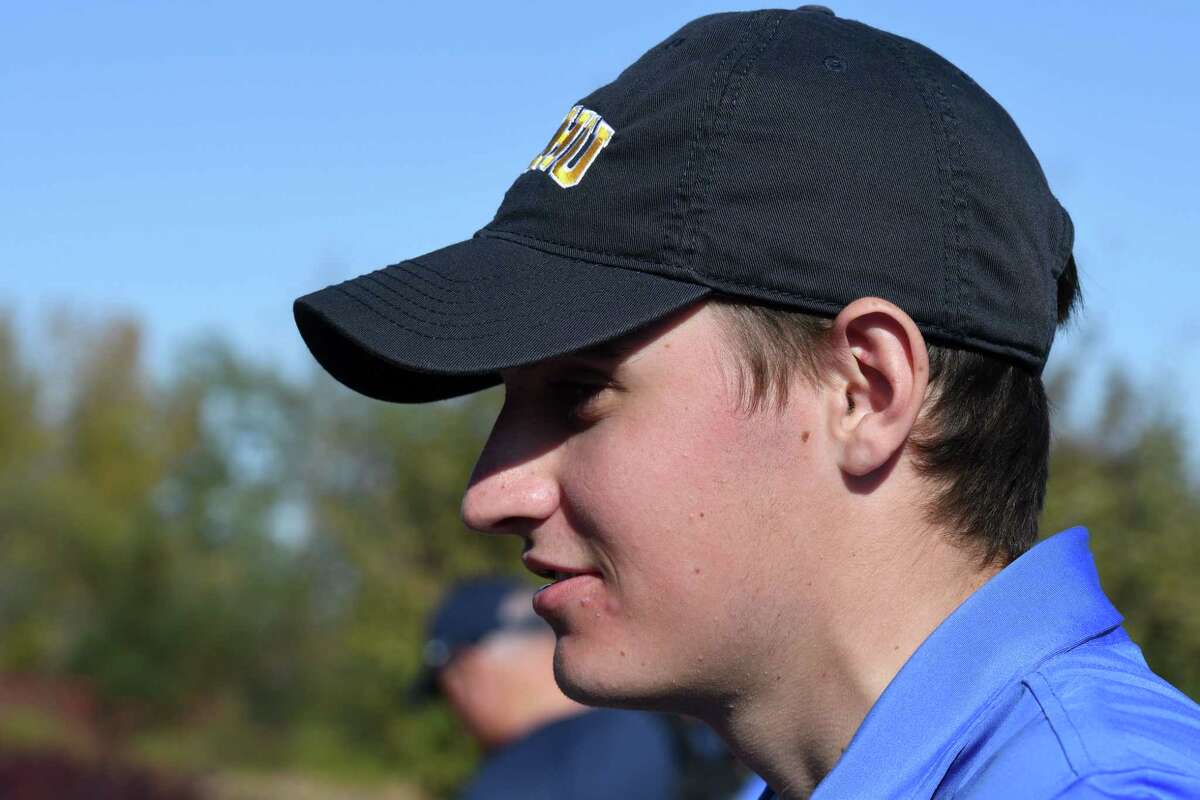 A.J. Cavotta of Saratoga Springs is interviewed after competing in the Section II golf championships on Tuesday, Oct. 15, 2019, at Orchard Creek in Guilderland, N.Y. (Will Waldron/Times Union)