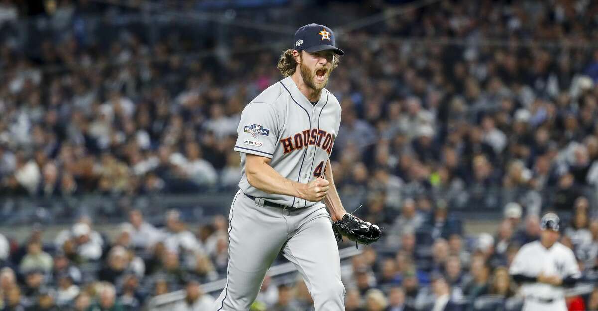 Houston Astros starting pitcher Gerrit Cole (45) reacts after striking out New York Yankees center fielder Aaron Hicks to end the bottom of the sixth inning during Game 3 of the American League Championship Series at Yankee Stadium in New York on Tuesday, Oct. 15, 2019.