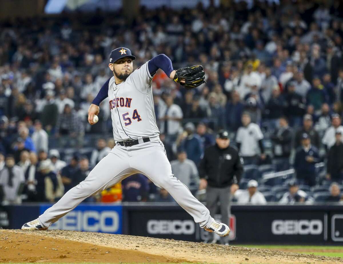 Houston Astros relief pitcher Roberto Osuna (54) pitches during the ninth inning of Game 3 of the American League Championship Series at Yankee Stadium in New York on Tuesday, Oct. 15, 2019.