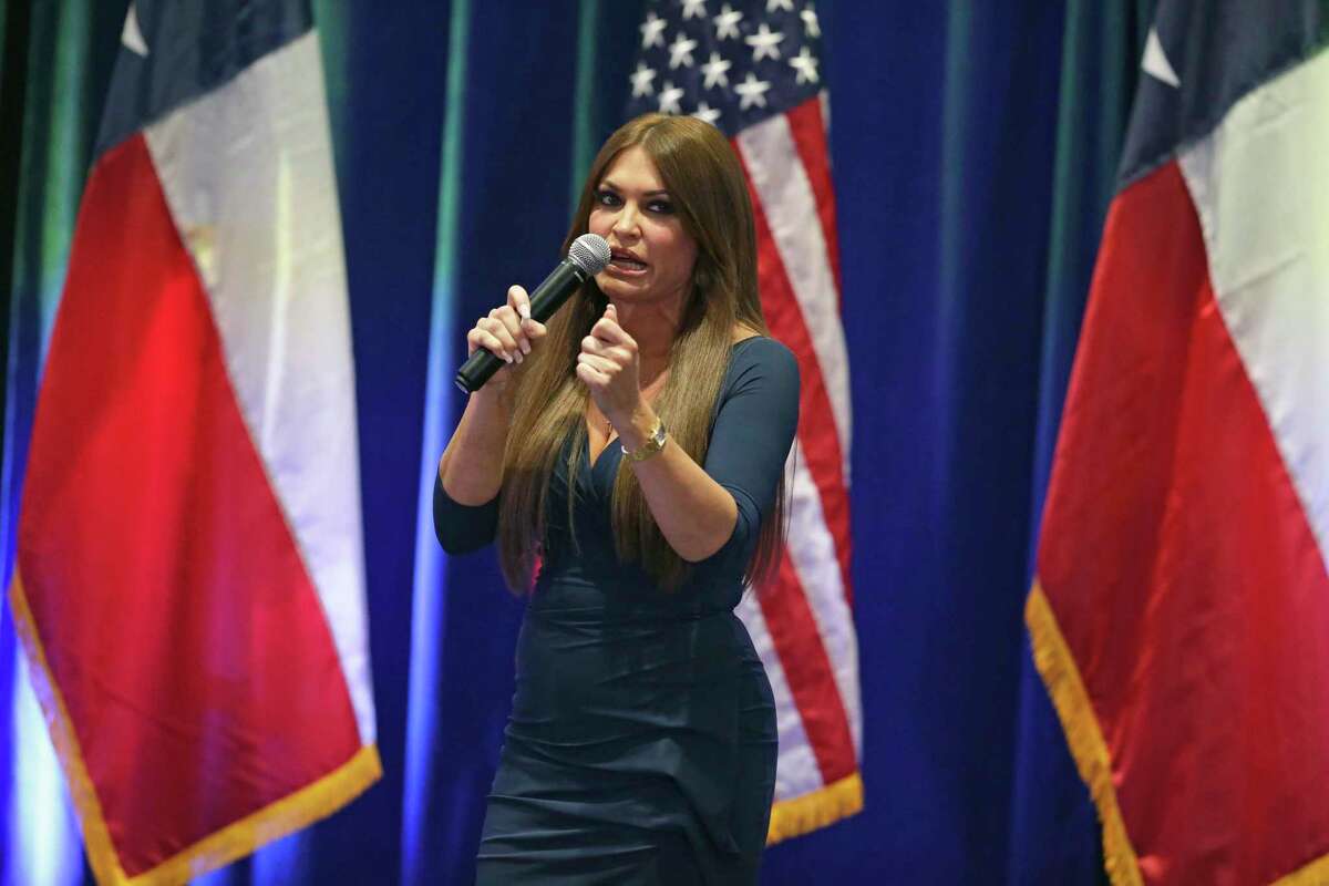 FILE - Kimberly Guilfoyle speaks as Donald Trump, Jr. visits the Henry B. Gonzalez Convention Center on behalf of the Trump/Pence 2020 re-election campaign on Oct. 15, 2019.