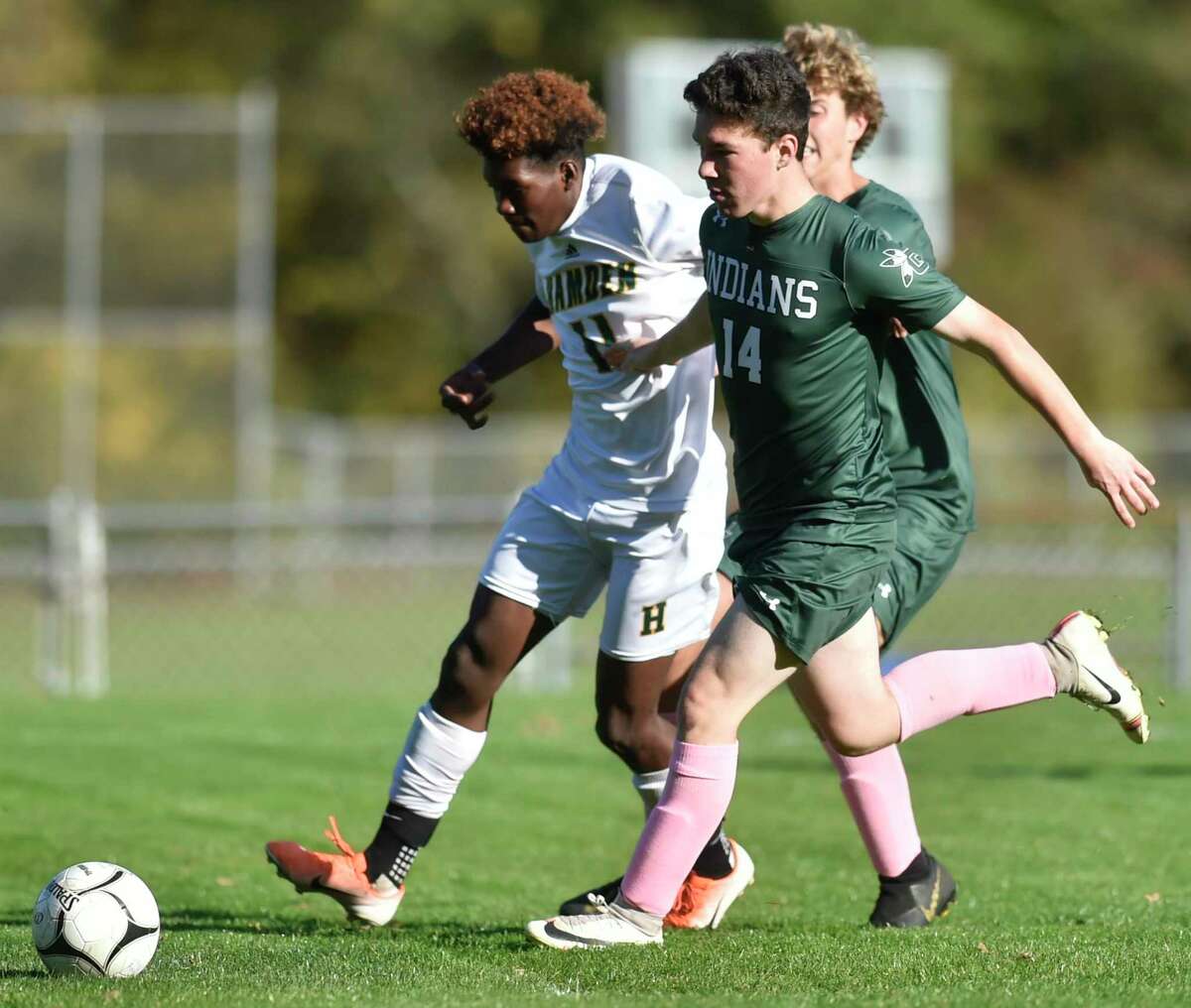 Guilford, Connecticut - Tuesday, October 15, 2019: Guilford H.S vs. Hamden H.S. during the first half of boys soccer Tuesday afternoon at Bittner Park in Guilford.