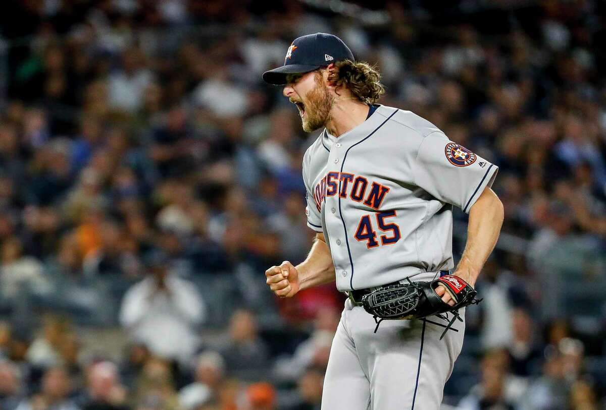 Houston Astros starting pitcher Gerrit Cole (45) reacts after striking out New York Yankees center fielder Aaron Hicks to end the bottom of the sixth inning during Game 3 of the American League Championship Series at Yankee Stadium in New York on Tuesday, Oct. 15, 2019. Cole now plays for the New York Yankees.