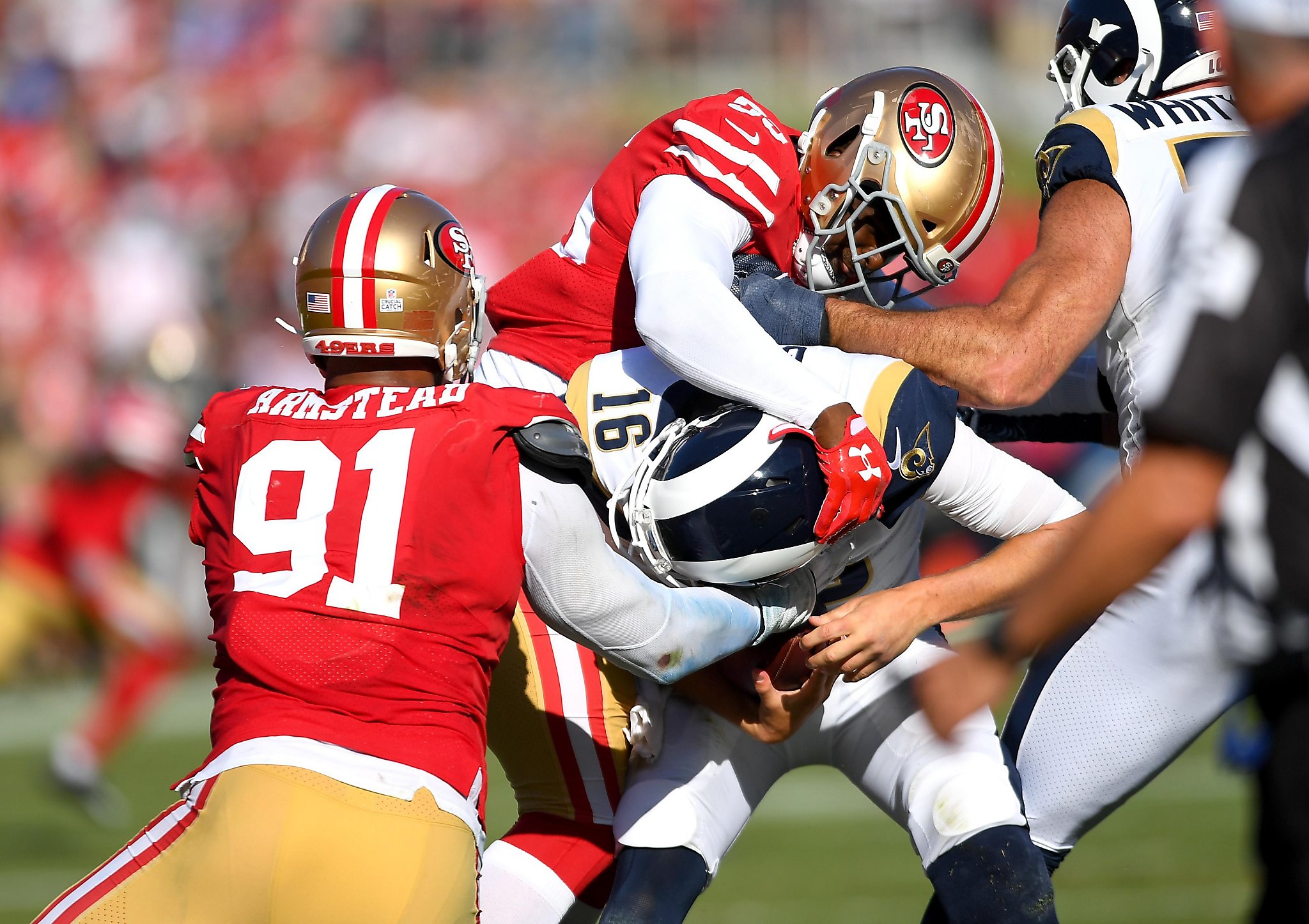 Los Angeles, CA. 13th Oct, 2019. Los Angeles Rams quarterback Jared Goff  #16 during the NFL game between San Francisco 49ers vs Los Angeles Rams at  the Los Angeles Memorial Coliseum in