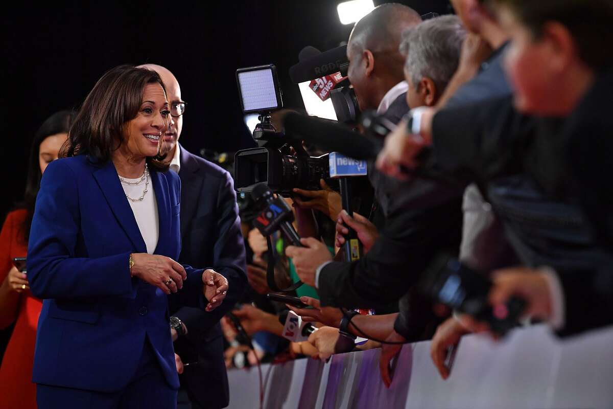 Democratic presidential hopeful California Senator Kamala Harris speaks to the press in the spin room after the fourth Democratic primary debate of the 2020 presidential campaign season co-hosted by The New York Times and CNN at Otterbein University in Westerville, Ohio on October 15, 2019. (Photo by Nicholas Kamm / AFP) (Photo by NICHOLAS KAMM/AFP via Getty Images)