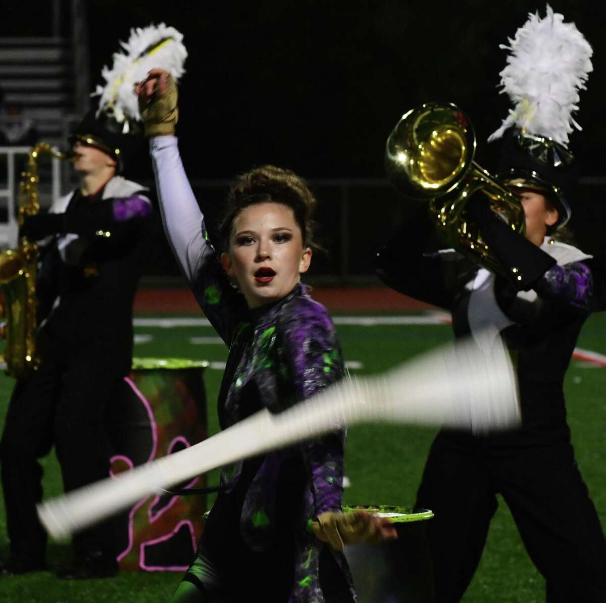 Trumbull High School Marching Bands perform their halftime field show as Norwalk High School hosts The Cavalcade of Bands Saturday, October 12, 2019, at the school in Norwalk, Conn.
