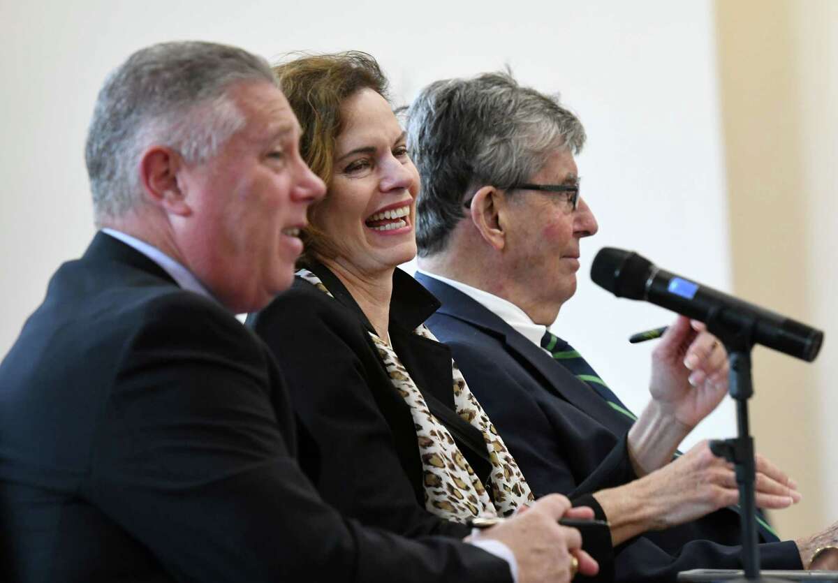 Assembly members John T. McDonald III, left, Patricia Fahy, center, and Sen. Neil Breslin, right, host a forum showcasing entrepreneurial businesses in the Capital Region on Wednesday, Oct. 16, 2019, at the new S.T.E.A.M. Garden coworking and incubator space in Albany, N.Y. (Will Waldron/Times Union)