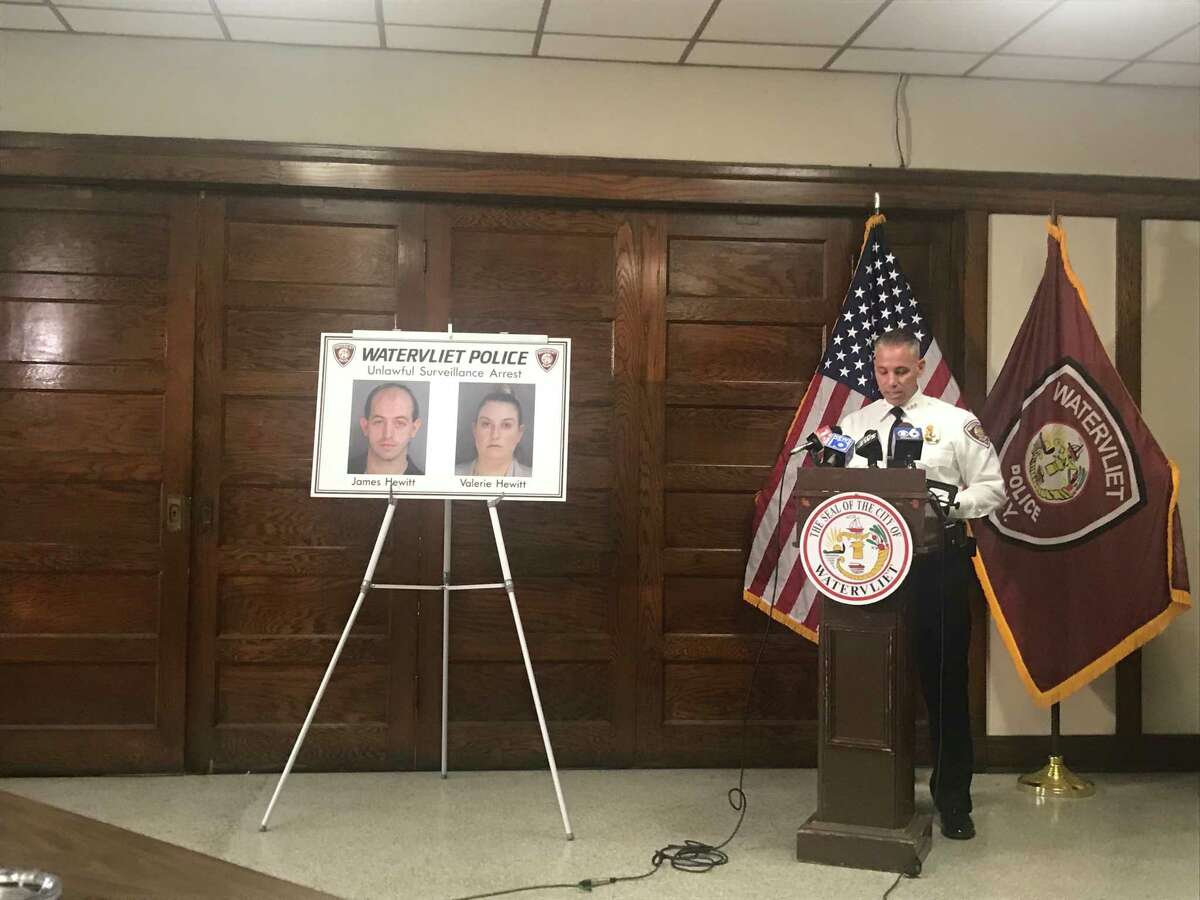 Watervliet Police Chief Anthony Geraci speaks Wednesday Oct. 16, 2019 at a press conference at City Hall about the arrests of husband and wife James C. Hewitt and Valerie N. Hewitt for illegal filming of women and children in a grocery store bathroom.
