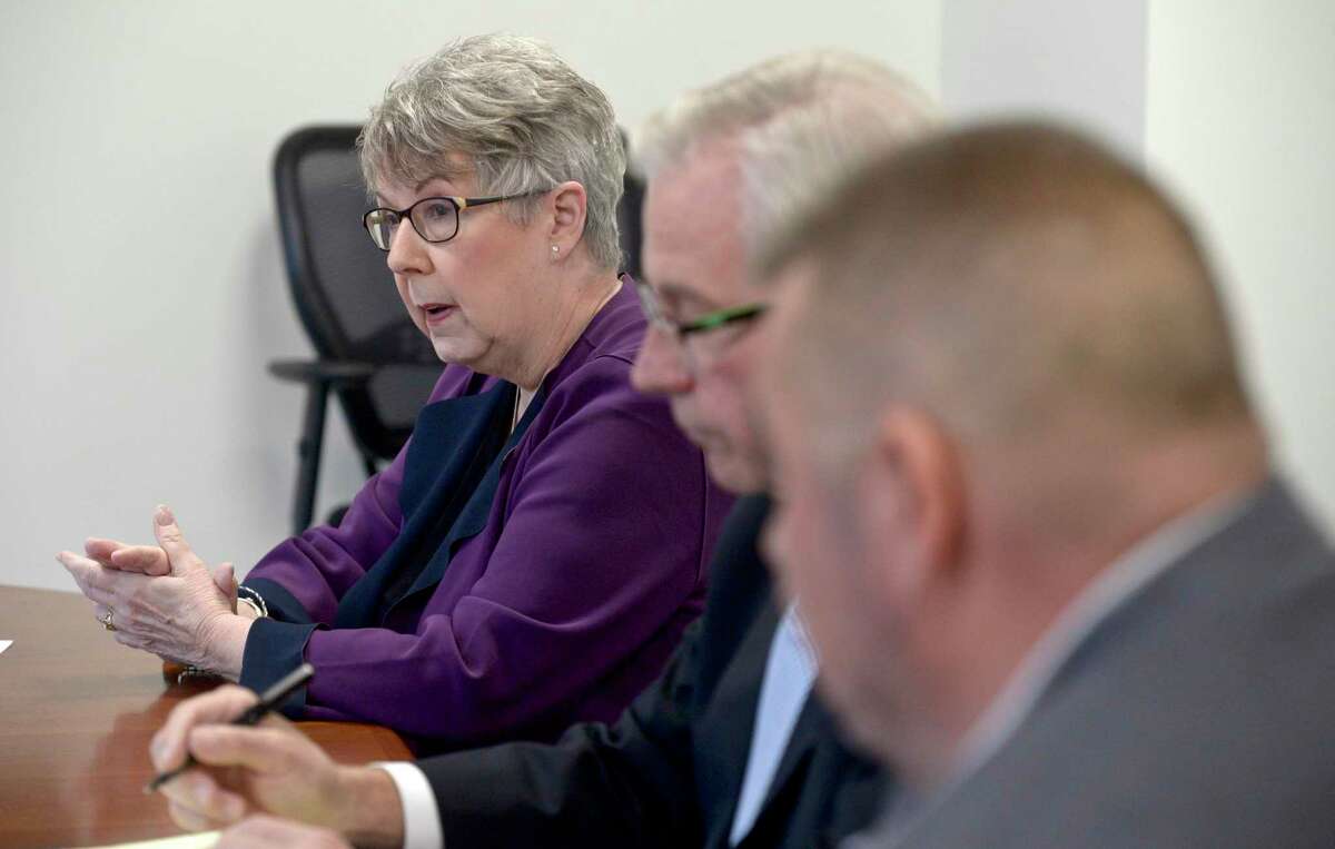 Candidates for Bethel First Selectman Republican challenger Pat Rist, left, Democratic incumbent Matt Knickerbocker, center, and unaffiliated candidate Bill Ochs during the News Times editorial board interview. Wednesday, October 16, 2019, in Danbury, Conn.